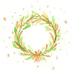 Wreath on a white background. Watercolor autumn colors frame. Green and gold floral wreath for greeting card, invitations, and more. Cute rustic template for your design.
