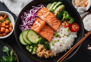 Poke bowl with salmon rice and vegetables with chopsticks on black background