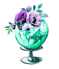 Green magic bal with flowersl. Watercolor magical sphere illustration. Halloween graphic. Wizardry themed clipart. Fantasy concept design.