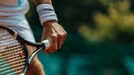 Tennis player wearing an elbow support band, preparing to serve - obrazy, fototapety, plakaty