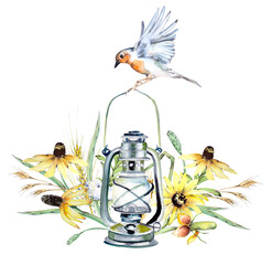 Flying bird and retro lantern with flowers design. Beautiful vintage light and robin illustration. Watercolor fall composition for Thanksgiving card,invitation,banner isolated on a white background. - obrazy, fototapety, plakaty