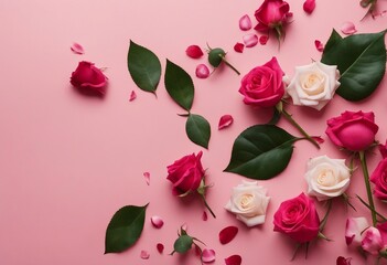 Roses and petals on pink background with copy space top view Flower composition