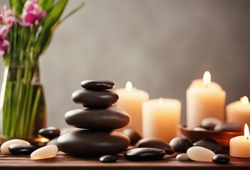 Fototapeta na wymiar Spa background with massage stones exotic flower candles and copy space