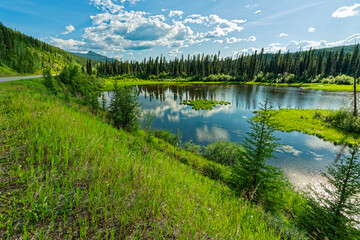 A pond by the side of the Cassiar Highway near Porter Landing in British Columbia, Canada