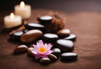 Spa brown background with massage stones exotic flower and copy space
