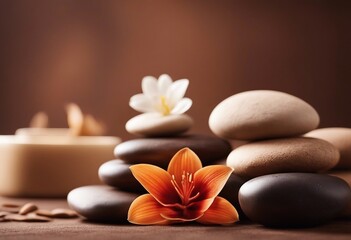 Fototapeta na wymiar Spa brown background with massage stones exotic flower and copy space