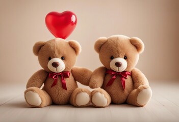 Two teddy bears standing together and a heart shaped balloon on light beige background copy space