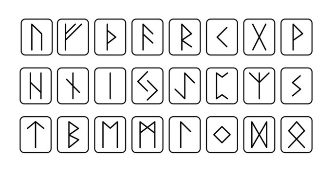 Old runes set, ancient Scandinavian spiritual alphabet simple linear hand drawn vector illustration, viking typography, occult letters, mystical medieval signs, esoteric concept