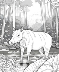 coloring book for kids, cartoon style, thick lines, low detail, no shading, no shadow, no colors, Malayan tapir is standing in a river in the rainforest
