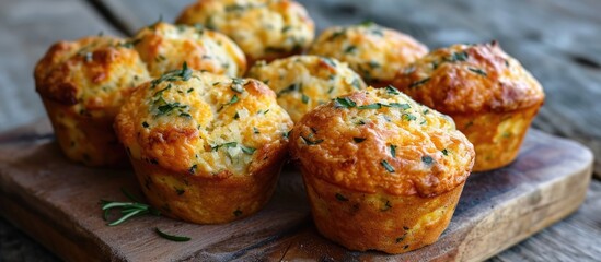 Rustic surface produces perfect cheesy muffins with herbs. - obrazy, fototapety, plakaty