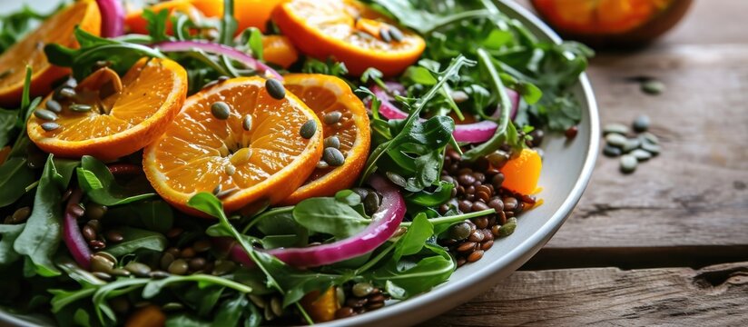Citrus salad with lentils, rocket, red onion, and pumpkin seeds.