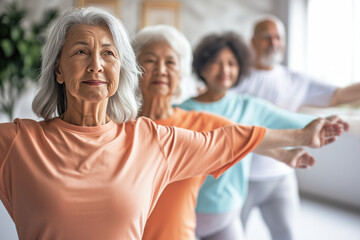A group of elderly people from different backgrounds participating in a physical activity, a yoga class in an indoor space, to improve their physical condition and well-being, and also to socialize - obrazy, fototapety, plakaty