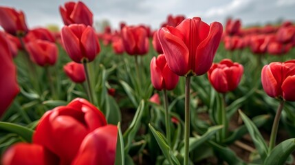 Obraz premium red tulips in the large garden, field, rows, delicate, flowers, vibrant, background, texture, spring, summer, close up