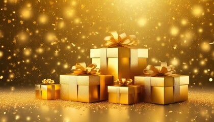 golden christmas gift boxes background sparkles and confetti celebration background wallpaper