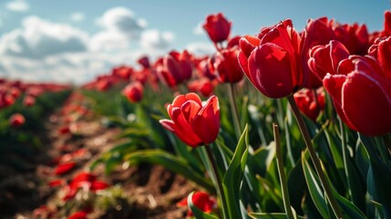 red tulips in the large garden, field, rows, delicate, flowers, vibrant, background, texture, spring, summer, close up