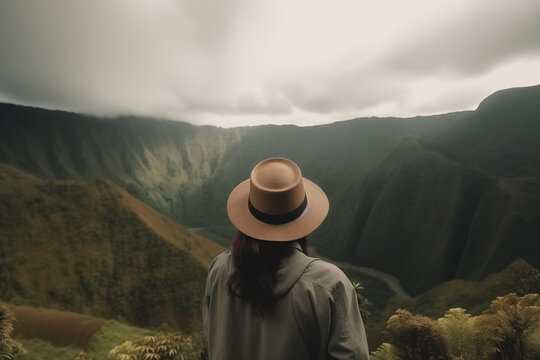 Hat Ventures: Woman Gazing at Majestic Mountains and Enchanting Forest, Immersed in Nature's Splendor