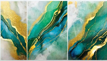 alcohol ink technique vector textures luxury blue green and gold marble abstract background set creative paint in natural colors with glitter