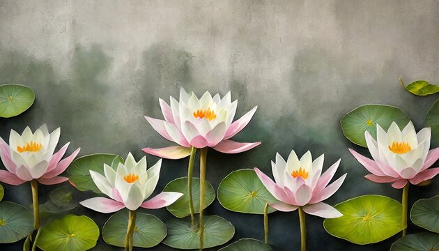 water lilies pitchers flowers painted on a concrete wall stunningly beautiful modern mural wallpaper photo wallpaper cover postcard on an interesting unusual background