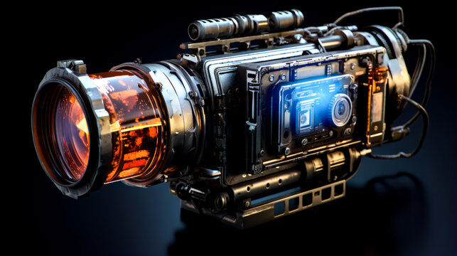 Close up of camera on black surface with light coming out of it.