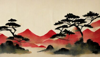 traditional painting chinese ink red landscape painting of hills trees on a textured paper old asian japanese design 4k drawing beautiful artwork