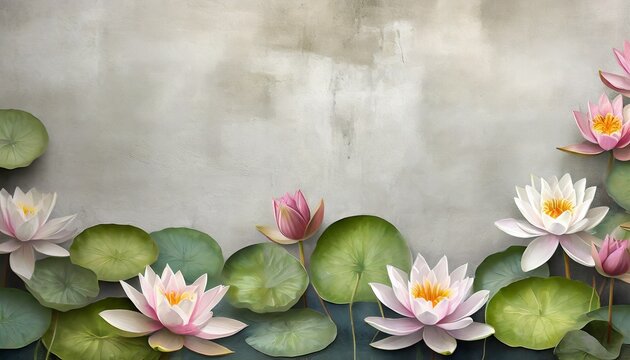 water lilies pitchers flowers painted on a concrete wall loft modern design for mural wallpaper fresco card textile home decor
