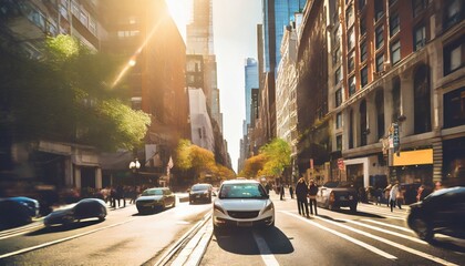 people and cars in a busy intersection on 5th avenue and 23rd street in new york city with sunlight shining between background buildings