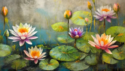 Foto op Canvas water lilies pitchers oil painted flowers painted on a concrete grunge wall stunningly beautiful modern mural wallpaper photo wallpaper cover postcard design © William