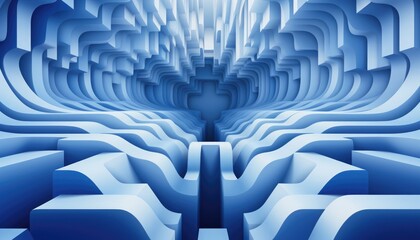 Optical illusion sqaure - The composition should feature flowing lines that are even and clean and monochrome landscapes in cool blue tones exactly hex# 0074D9, with subtly distorted figures that guid - Powered by Adobe