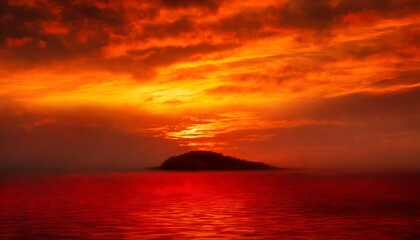 Naklejka na ściany i meble the surface and the island of red water scenery sky with clouds bloody sunset background with copy space for design war apocalypse armageddon nightmare halloween evil horror concept