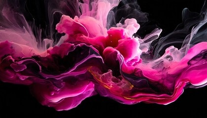 abstract fluid acrylic painting marbled pink abstract ink cloud on black background modern art - obrazy, fototapety, plakaty