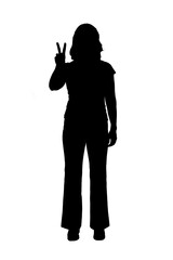 silhouette of a woman in black and white showing the v sign