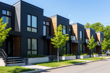 Modern black and wood townhouses with large windows