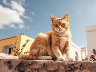 Obraz premium Ginger cat relaxing on a stone wall under the sun