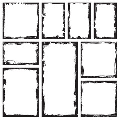 Collection of rectangular ink grunge frames, borders set. Squared hand drawn box for text with torn, damaged edges. Vector	