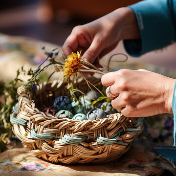 A Person Weaving A Decorative Easter Basket