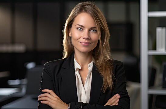 Blonde, confident looking woman with green eyes, female business professional in office smiling	