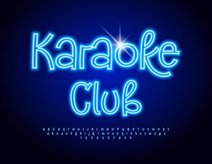 Vector Neon poster Karaoke Party. Funny Playful Font. Glowing Blue Alphabet Letters, Numbers and Symbols.