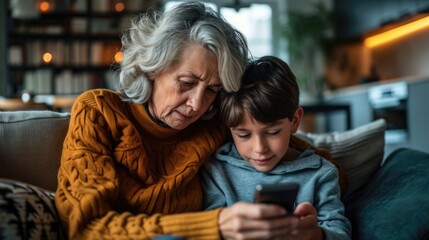 selective focus on grandson teaches grandmother to use a mobile phone, sitting together on the sofa in a close-up shot