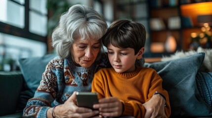 grandson patiently teaches his grandmother to use a mobile phone, creating a heartwarming scene of bonding and technological education, symbolizing the bridge between generations and embracing the dig