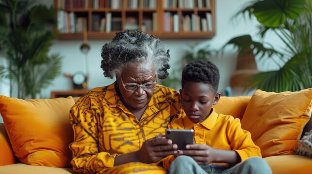 grandson patiently teaches his grandmother to use a mobile phone, creating a heartwarming scene of bonding and technological education, symbolizing the bridge between generations and embracing the dig