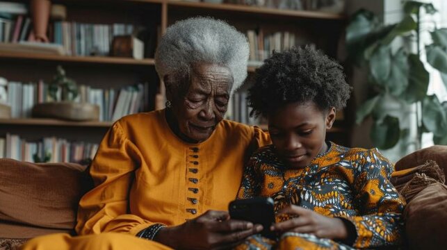 grandson patiently teaches his grandmother to use a mobile phone, creating a heartwarming scene of bonding and technological education, symbolizing the bridge between generations and embracing the dig