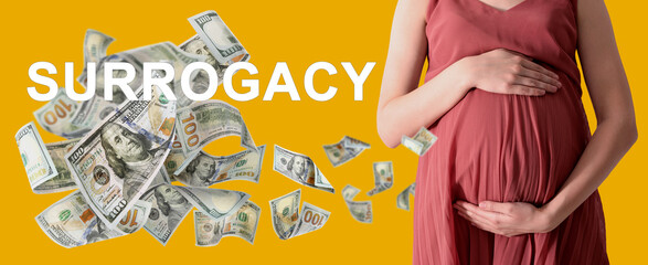 Surrogate mother and flying money on orange background, closeup. Banner design