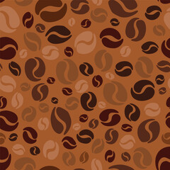 Coffee beans seamless pattern on a brown background. Vector wallpaper	