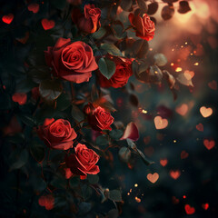 Roses trellis in dark lighting with illuminated hearts, romantic rose garden