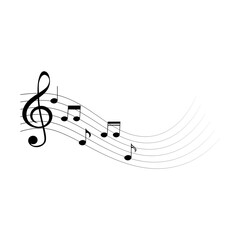 Music notes wave, black musical symbols, vector illustration.