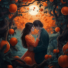 Surreal image of lovers in an orange grove