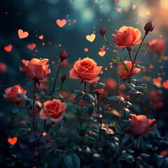 A garden of pink roses at night with illuminated hearts