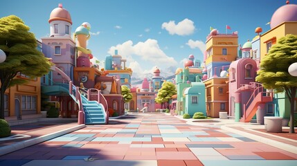 A colorful 3D rendering of a city street with cartoon-like buildings and a blue sky - obrazy, fototapety, plakaty