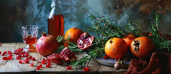 Still life with rosemary, pomegranate, and orange for New Year's.