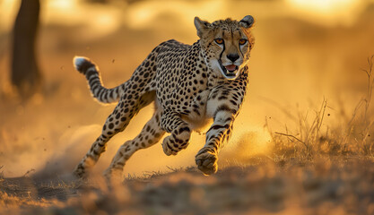 Agile Cheetah in Full Sprint - Dynamic Wildlife Photography Capturing High-Speed Chase, Endangered Predator's Power in the African Savannah at Sunset